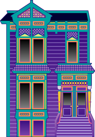 Illustration of the FUNhouse victorian home in vibrant purples, pinks, turquoise, and gold